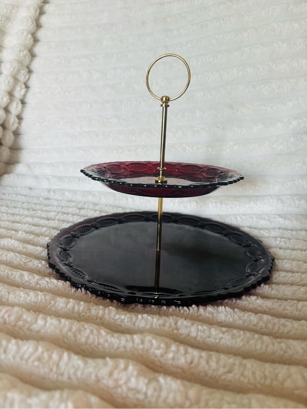VTG Avon 1876 Cape Cod Ruby Red Pressed Glass 2 Tier pressed glass plate server